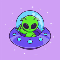 Wall Mural - cute alien flying with ufo in space cartoon vector icon illustration science technology icon concept