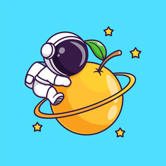 Wall Mural - cute astronaut hug orange fruit planet cartoon vector icon illustration science fruit icon concept i