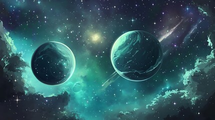 Wall Mural - Two planets in a dark, star-filled sky with a nebulous green glow.