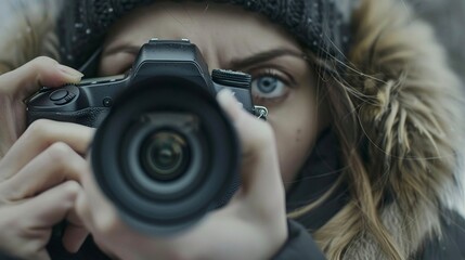 a close up of a woman taking a photo with a DSLR camera.generative ai