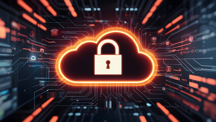 Abstract illustration of cloud security services, stylized cloud icon integrated with a secure padlock symbol, representing data protection and cybersecurity in cloud computing environments.