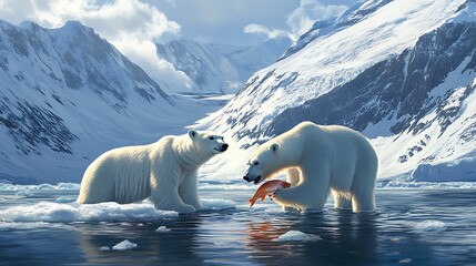 Wall Mural - two polar bears stand on ice floes in a snowy mountain landscape, one holding a fish.