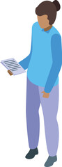 Poster - Office worker woman holding document in hands isometric icon for web design isolated on white background