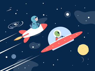 Wall Mural - racing in cosmos. astronaut and green skin alien in space ships flying in universe. galaxy riders, c