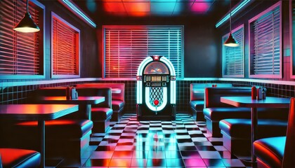 Retro Neon 80s Diner with Jukebox and Vibrant Lighting for Nostalgic American Experience in Classic Restaurant Booths