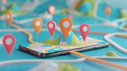 Wall Mural - Smartphone with map, 3D Map pins, GPS, navigator pin checking points, 3D World Map icon, technology and application mobile smart phone with mobile, delivery tracking, transportation, generate by AI