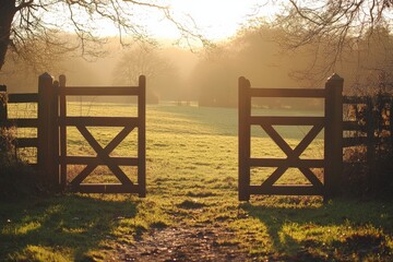 Two wooden gates in the foreground of an open field with trees and sunlight.