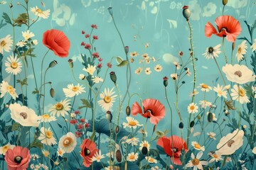 Wall Mural - Colorful floral design with poppies, daisies, and wildflowers on a vibrant turquoise background