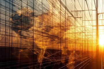 Canvas Print - Its complex high-speed rail network of intersecting lines and junctions at sunset creates an intricate and futuristic representation of connectivity. AI generated.