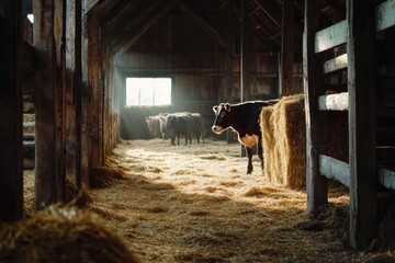 Wall Mural - Cows eating hay in the barn of an organic farm, focus on the cows' faces, sunny day, blurred background