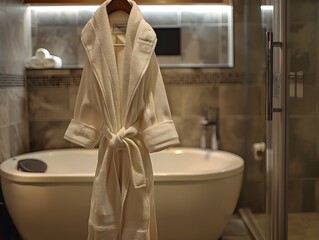 Canvas Print - White Bathrobe Hanging in Bathroom.