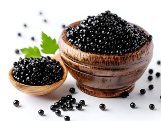 Fresh black caviar in wooden bowls with green garnish on a white background