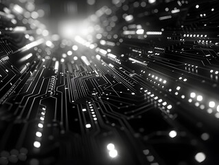 Fototapete - Abstract circuit board design with glowing lights creating a dynamic texture in a dark environment