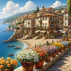 Beautiful Italian seaside village with ptted flowers and waterfront, travel destination of Europe