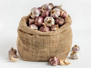 Wall Mural - Freshly harvested garlic in a burlap sack on a plain background