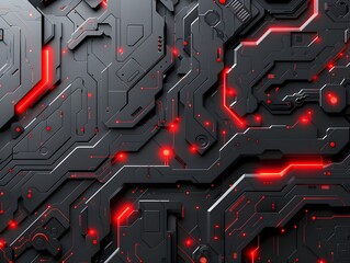 Poster - Abstract black and red circuit board design with illuminated details