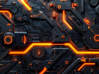 Poster - Abstract circuit design with glowing orange lines on a dark textured background