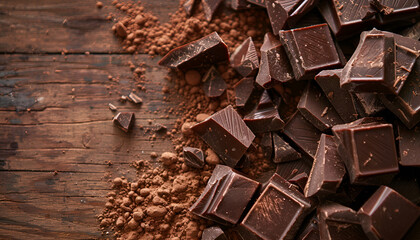 Canvas Print - Broken chocolate pieces and cocoa powder on wooden background