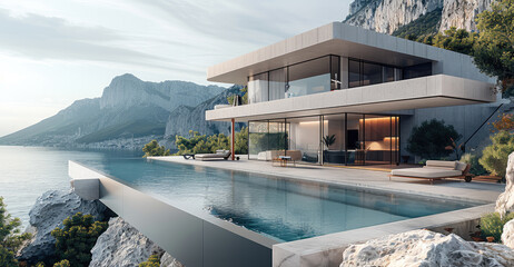 Poster - Modern house with pool and terrace, overlooking the sea and mountains, with large rocks in front of it, modern architecture style, architectural rendering. Generative AI.