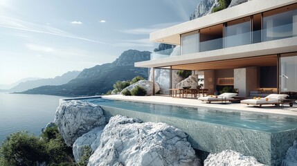 Poster - Modern house with pool and terrace, overlooking the sea and mountains, with large rocks in front of it, modern architecture style, architectural rendering. Generative AI.
