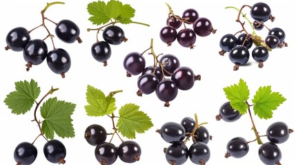 Wall Mural - Fresh black currants with green leaves on white background, collection