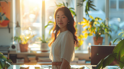 Sticker - A designer in her office standing by her desk, daylight coming through the window, Asian woman. Generative AI.