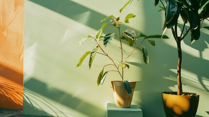 Canvas Print - Sunlit potted plants positioned against a vibrant two-tone wall, capturing a serene and refreshing indoor garden scene.