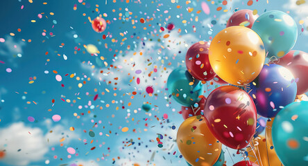 Poster - A festive birthday backdrop featuring a rainbow of balloons and shimmering confetti against a bright blue sky. Generative AI.