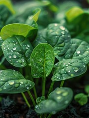 Wall Mural - The moist soil and drip irrigation system promote the flourishing growth of spinach leaves. Spinach leaves, lush green with clear veins. The freshness of spinach leaves, water droplets on spinach.