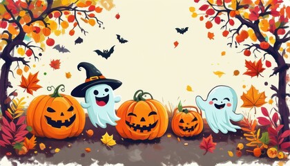 A festive collection of Halloween-themed images featuring pumpkins, witches, ghosts, and spooky autumn scenes.