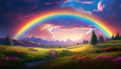 Wall Mural - Beautiful sky with a rainbow and nature, paint design