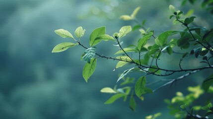 Poster - Tender sunlight gently caresses verdant leaves against a blurred, natural background, evoking peace and fresh beginnings in a tranquil scene.