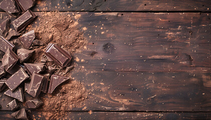 Wall Mural - Broken chocolate pieces and cocoa powder on wooden background