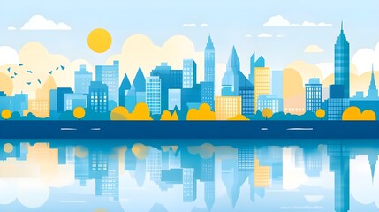 Wall Mural - Cityscape Reflection, Blue & Yellow Minimalist Design