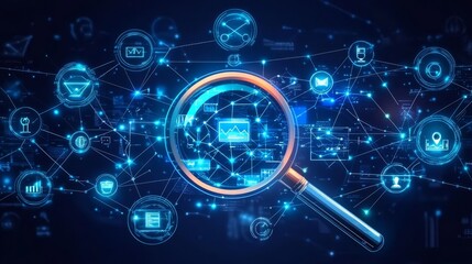 Search engine icons, abstract magnifying glass with network connections, vibrant blue tones, flat design illustration