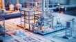 © VK Studio - A detailed miniature model of an industrial facility is placed on architectural drawings, illuminated gently to showcase intricate design and planning.