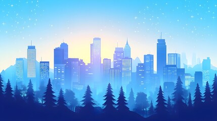 Wall Mural - Blue Cityscape Silhouette with Stars and Trees