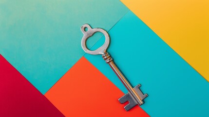 a vintage key resting on a vibrant, colorful geometric-patterned background, signifying access, myst