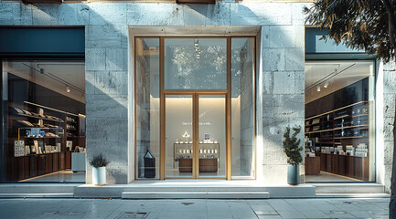 Poster - The front door and entrance to an upscale, minimalist store. Generative AI.