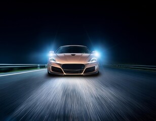 Front view close up headlamp light at night of a luxury sports car riding on the road. AI generated