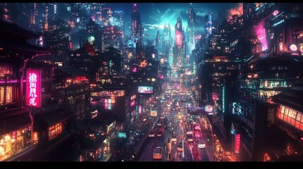 Wall Mural - A crowded city at night, with endless lights from houses, cars in the streets, and a sky filled with a dream-like glow.