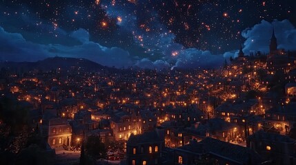 Wall Mural - A crowded city at night, with endless lights from houses, cars in the streets, and a sky filled with a dream-like glow.