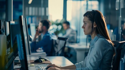 Sticker - Office workers diligently focused on their computer screens, capturing the essence of modern work culture and productivity in an open-plan office.