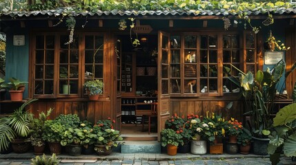 Sticker - Wooden boutique facade with big windows in a lush green village. Generative AI.