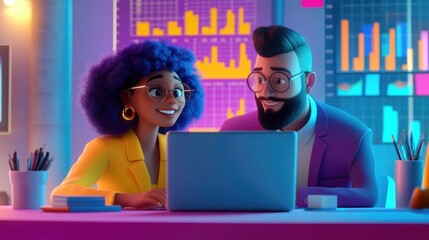 Two cheerful animated professionals a woman and a man collaborating on a laptop in a vibrant 3D office analyzing digital market data with a backdrop of colorful charts