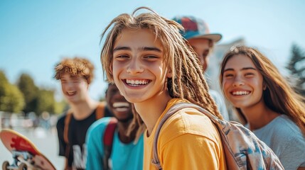 A group of cheerful teenagers with skateboards, laughing and enjoying a sunny summer day outdoors, capturing the spirit of youth.