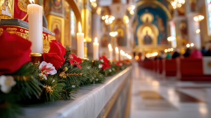 Wall Mural - A church with candles and flowers on the altar for a mass, AI