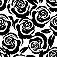 Canvas Print - Hand drawn black rose flower and leaf seamelss pattern