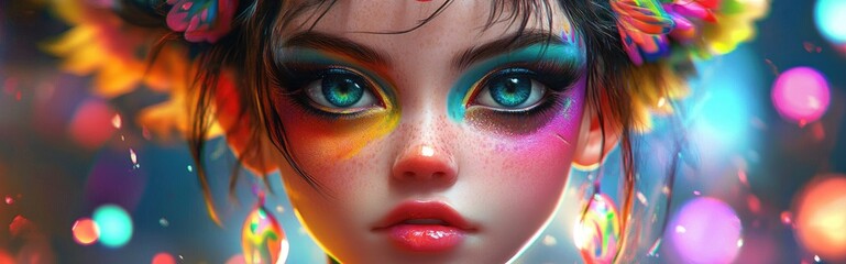 Wall Mural - Vibrant 3D Cartoon Girl with Colorful Makeup