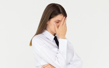 Wall Mural - God why me. Portrait annoyed fed up pissed young woman make facepalm hide face close eyes bend head down bothered, tired explaining simple tasks, standing white background